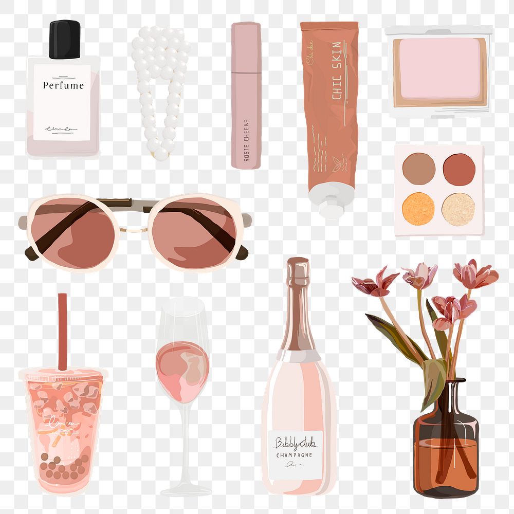 Feminine aesthetic clipart png, pink essentials illustration set