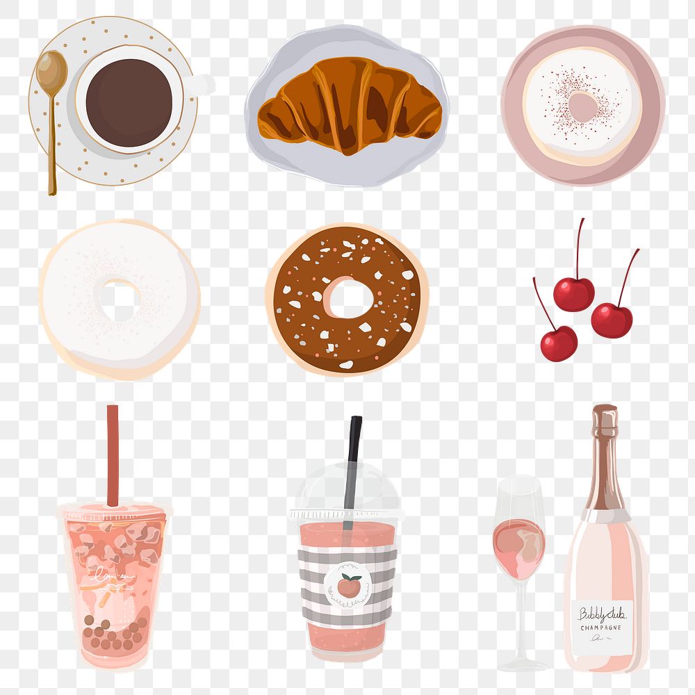 Cute dessert png sticker, feminine food illustration in pink set