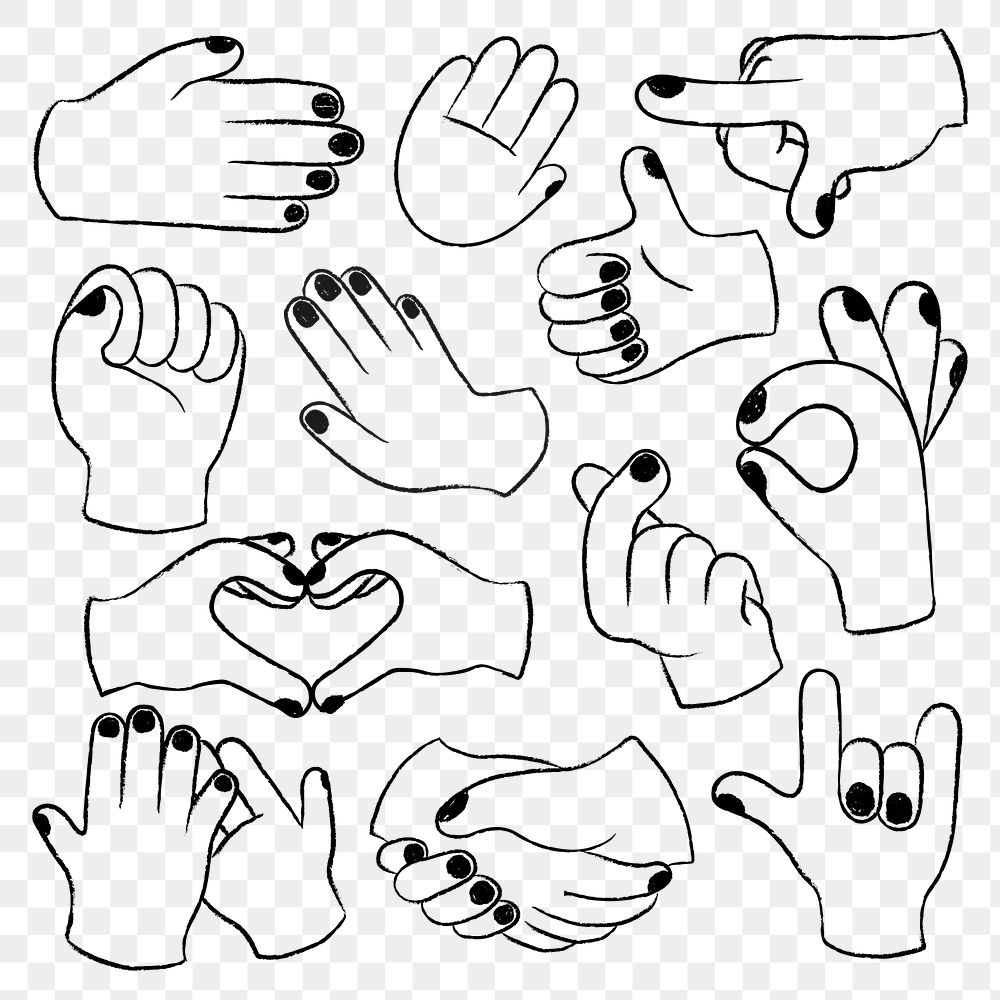 Cartoon png hands sticker, cute doodle clip art set