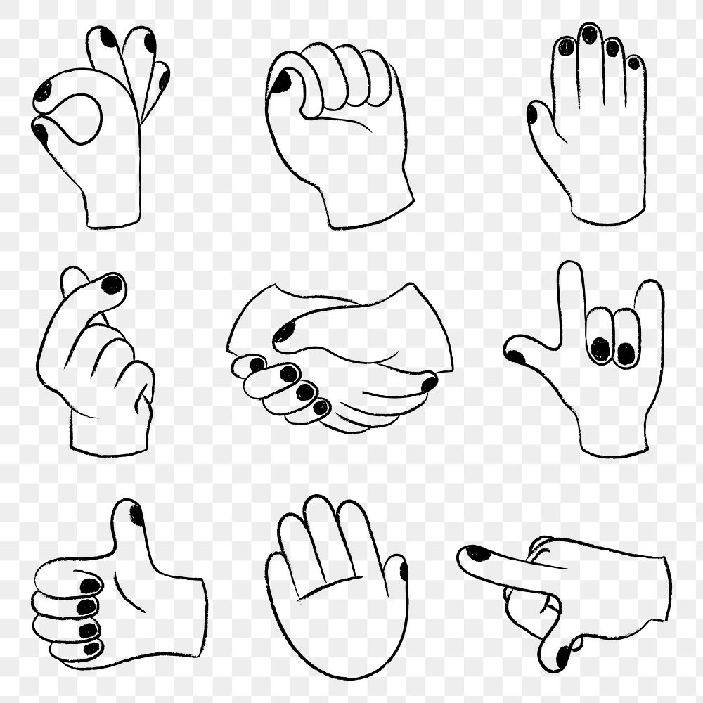Cute png hand gestures doodle, line drawing clip art set