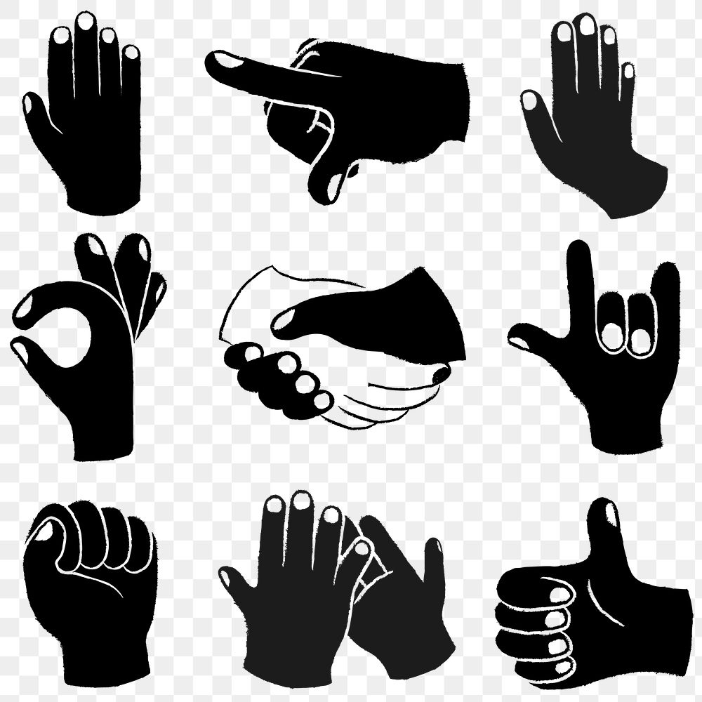 Cartoon png hand stickers, black and white doodle set