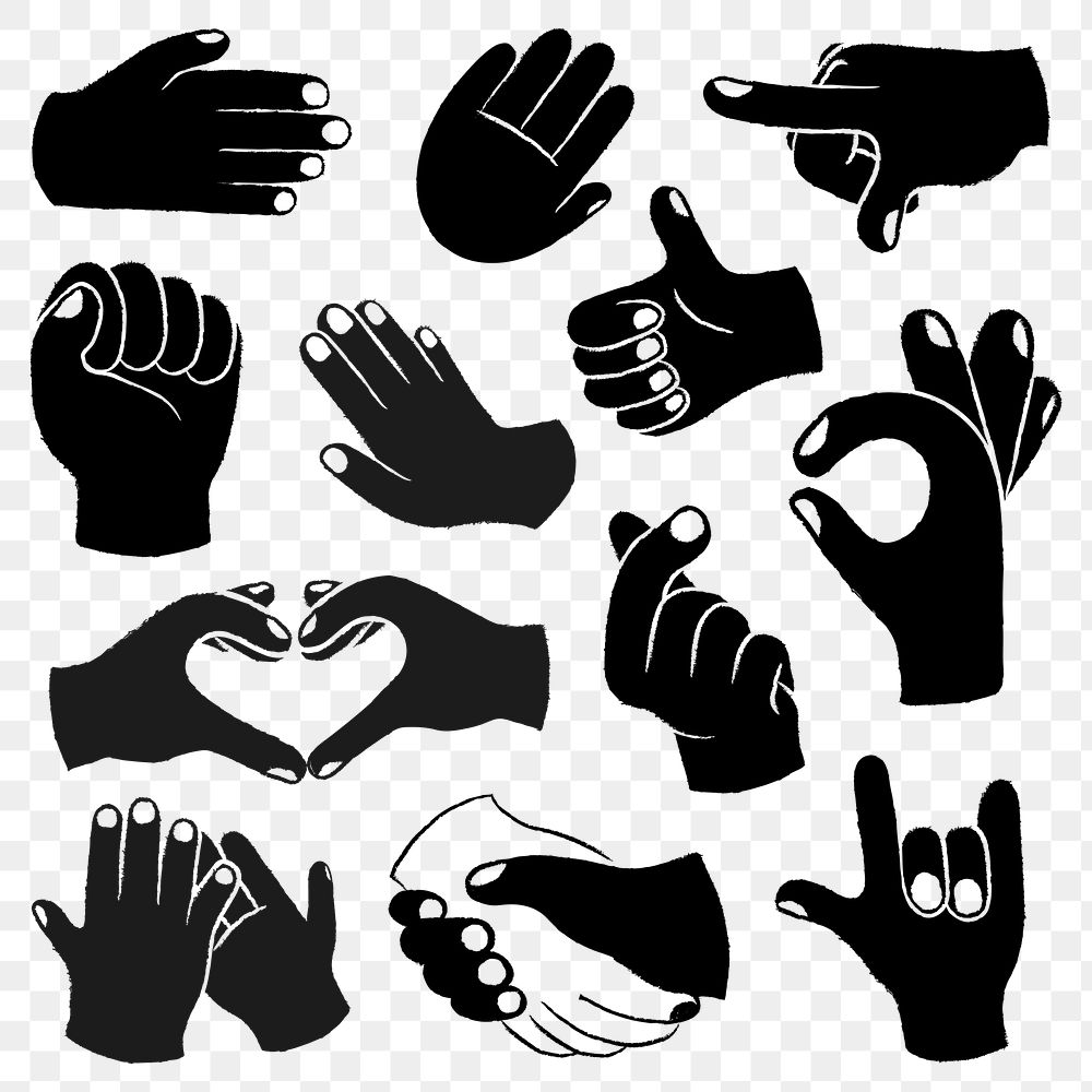 Hand gestures png stickers, black and white doodle set