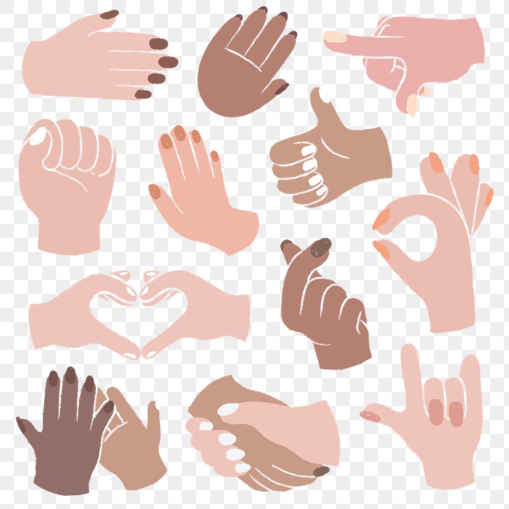 Hand gestures png stickers, diverse skin tone people set