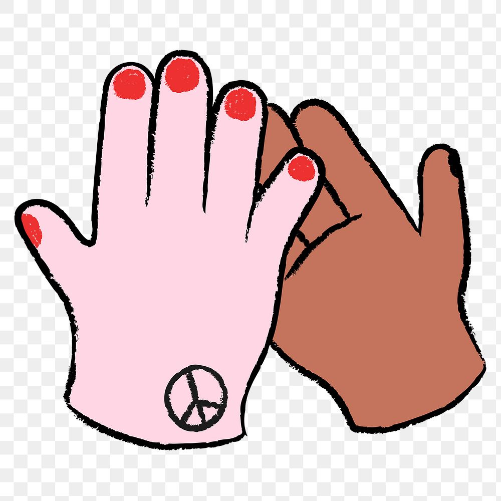 Diverse hands png high five clipart, gesture illustration with peace symbol 