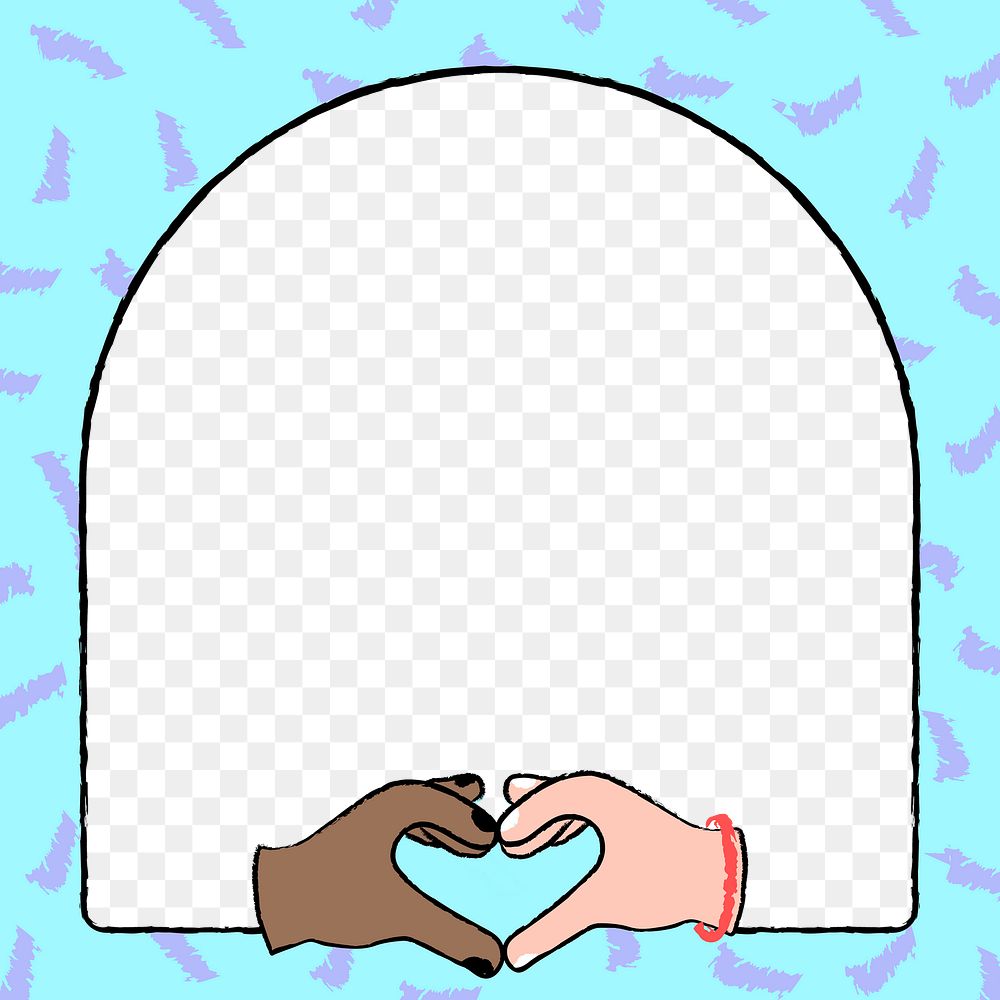 Diversity doodle png transparent background, blue funky frame with heart hand