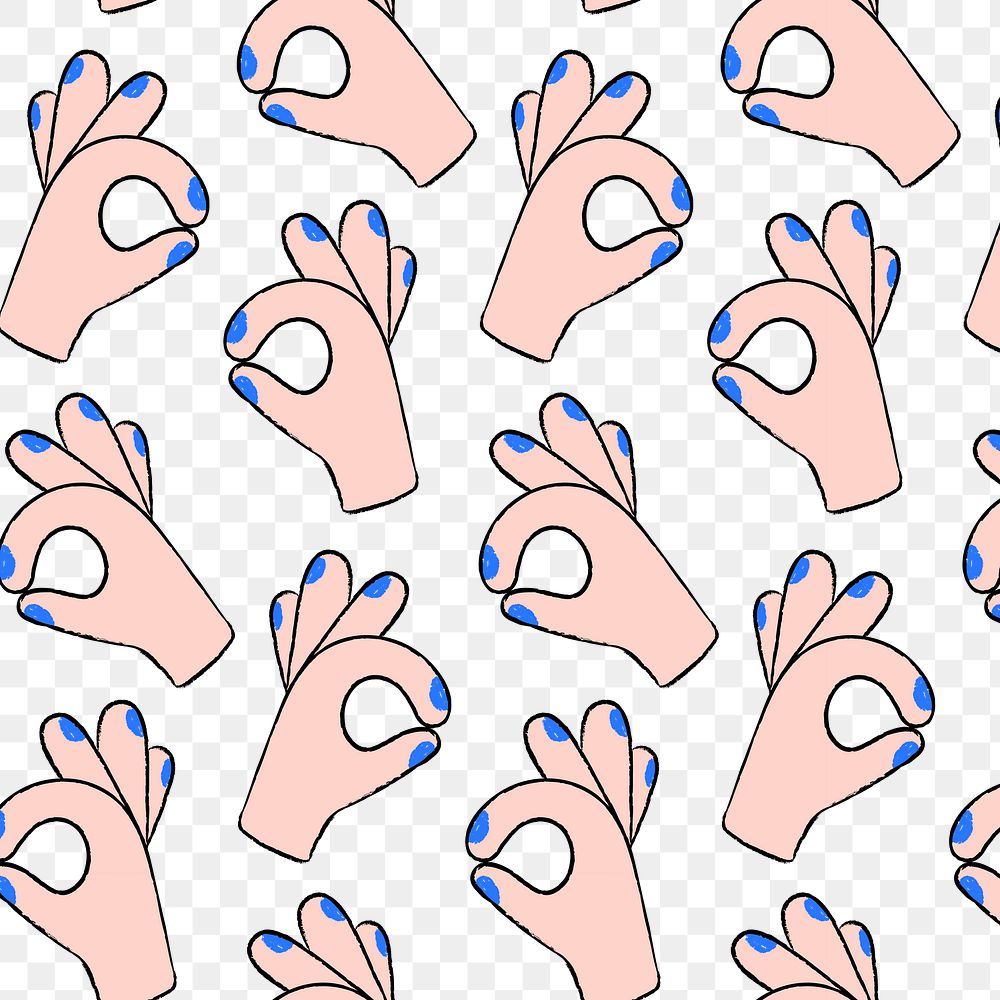 Cute ok hand png background, gesture pattern in doodle transparent design