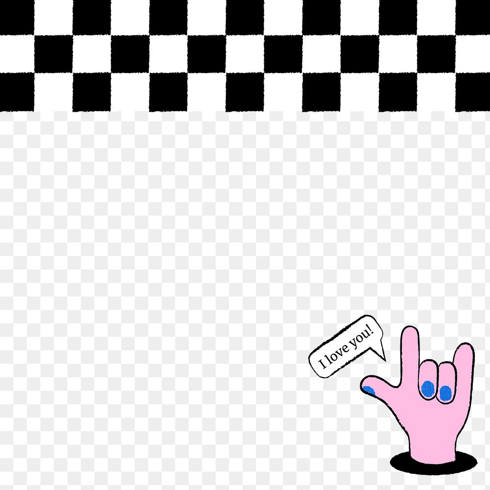 Checkered border png transparent background, love hand sign doodle