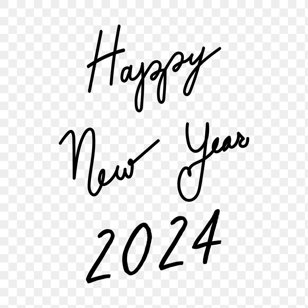 New Year 2024 png sticker typography, minimal ink hand drawn greeting
