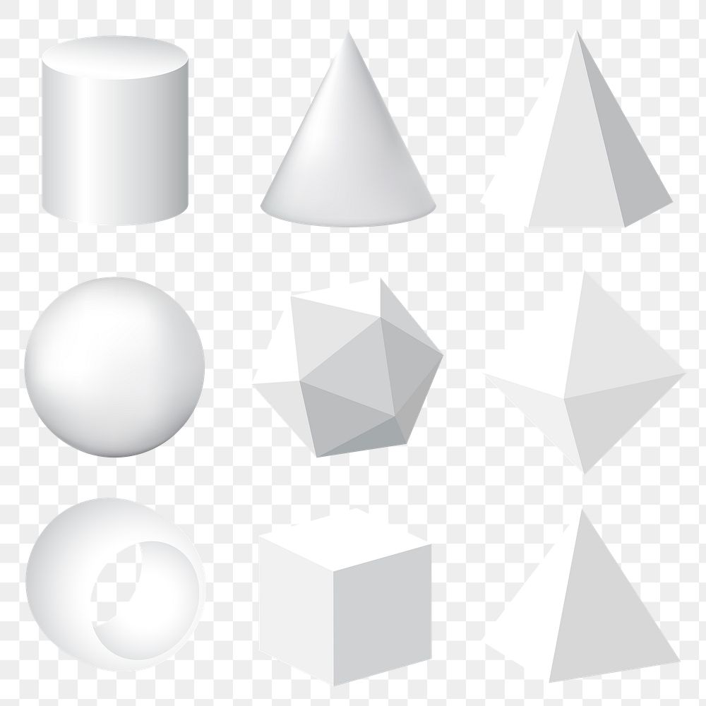 Geometrical shapes png, 3D rendered in white elements set on transparent background