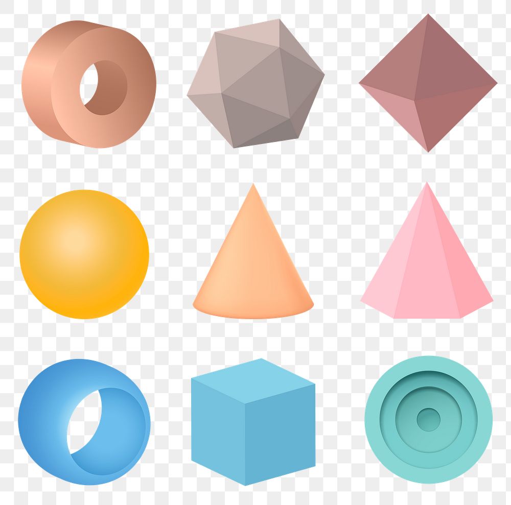 Geometrical shapes png, 3D rendered in pastel elements set on transparent background