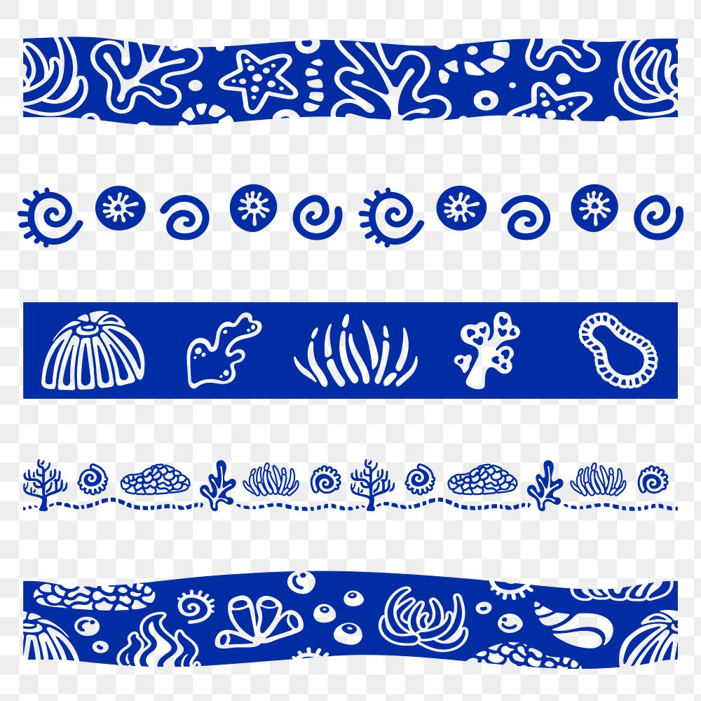 Underwater coral png border, blue marine life clipart set