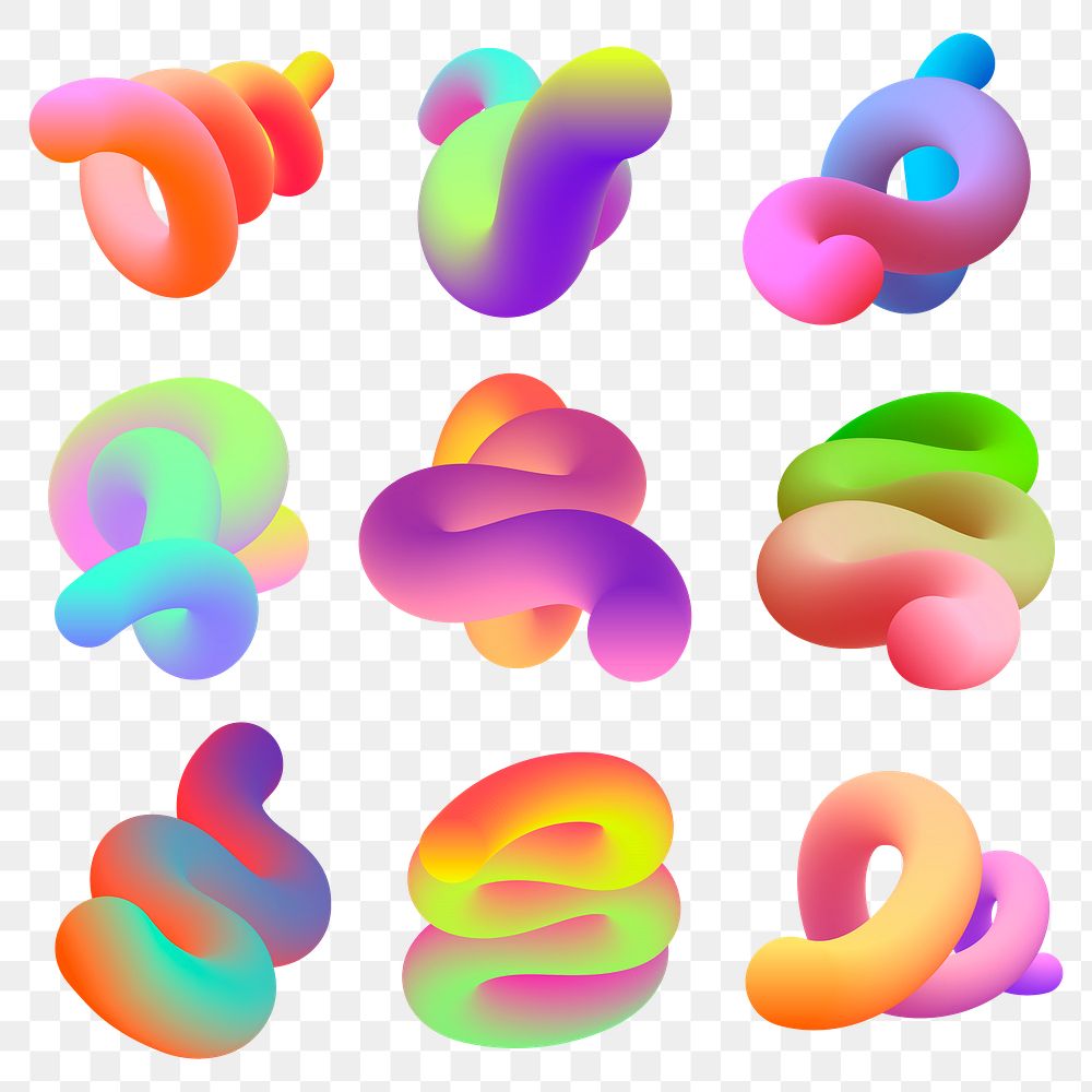 Abstract 3D png fluid shape, colorful twisted gradient set on transparent background