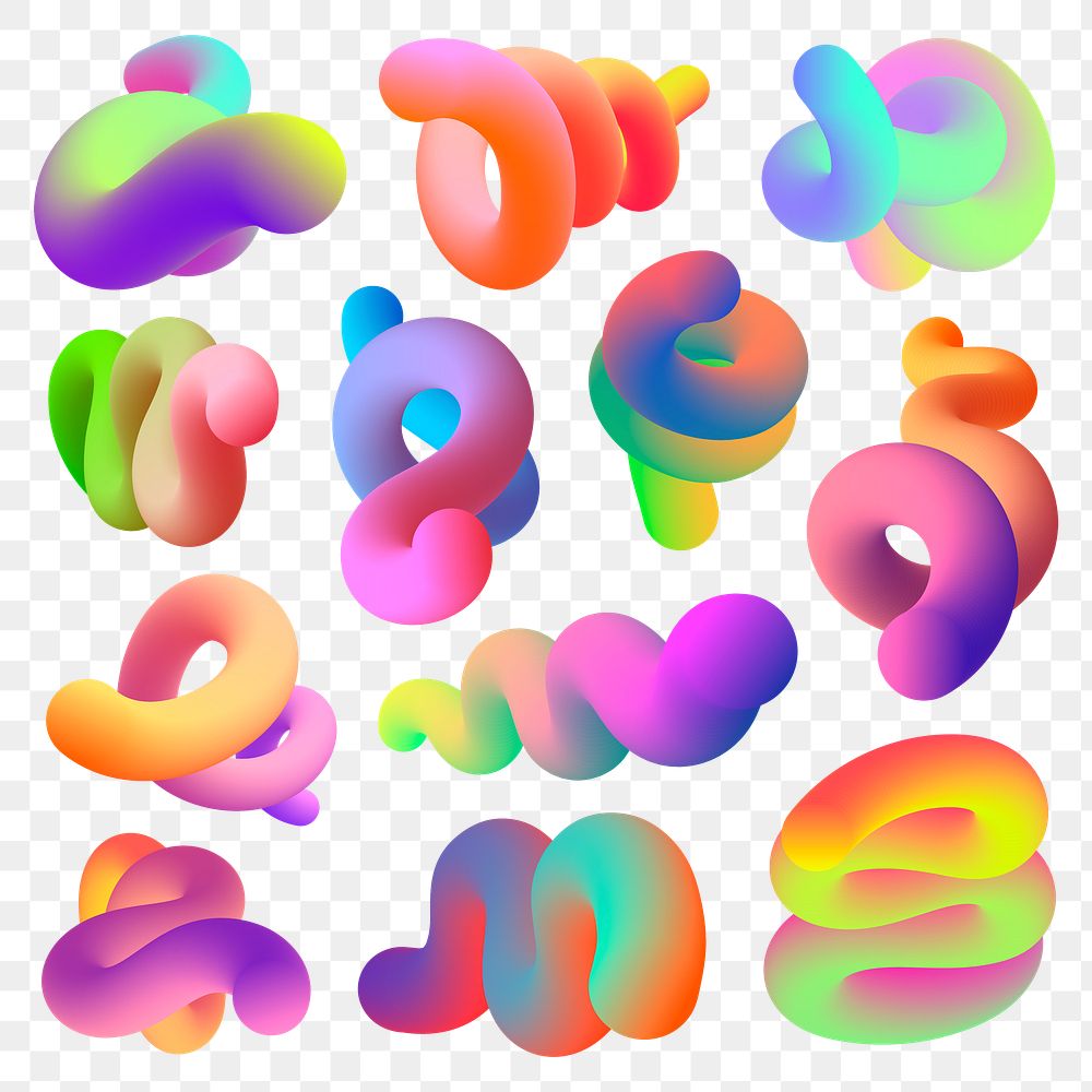 Abstract 3D png fluid shape, colorful twisted gradient set on transparent background
