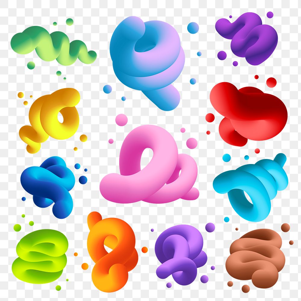 Abstract 3D png fluid shape, colorful twisted set on transparent background