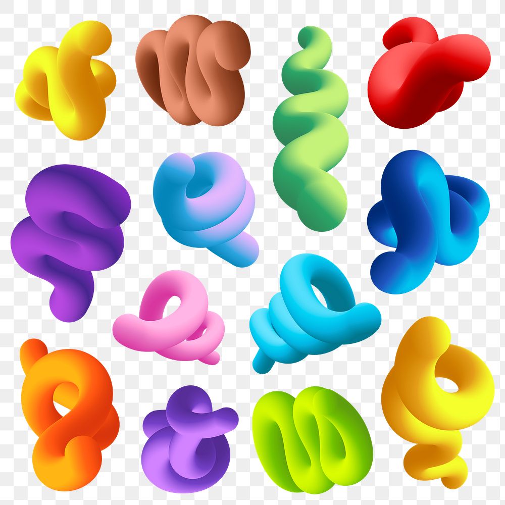 Abstract 3D png fluid shape, colorful twisted set on transparent background