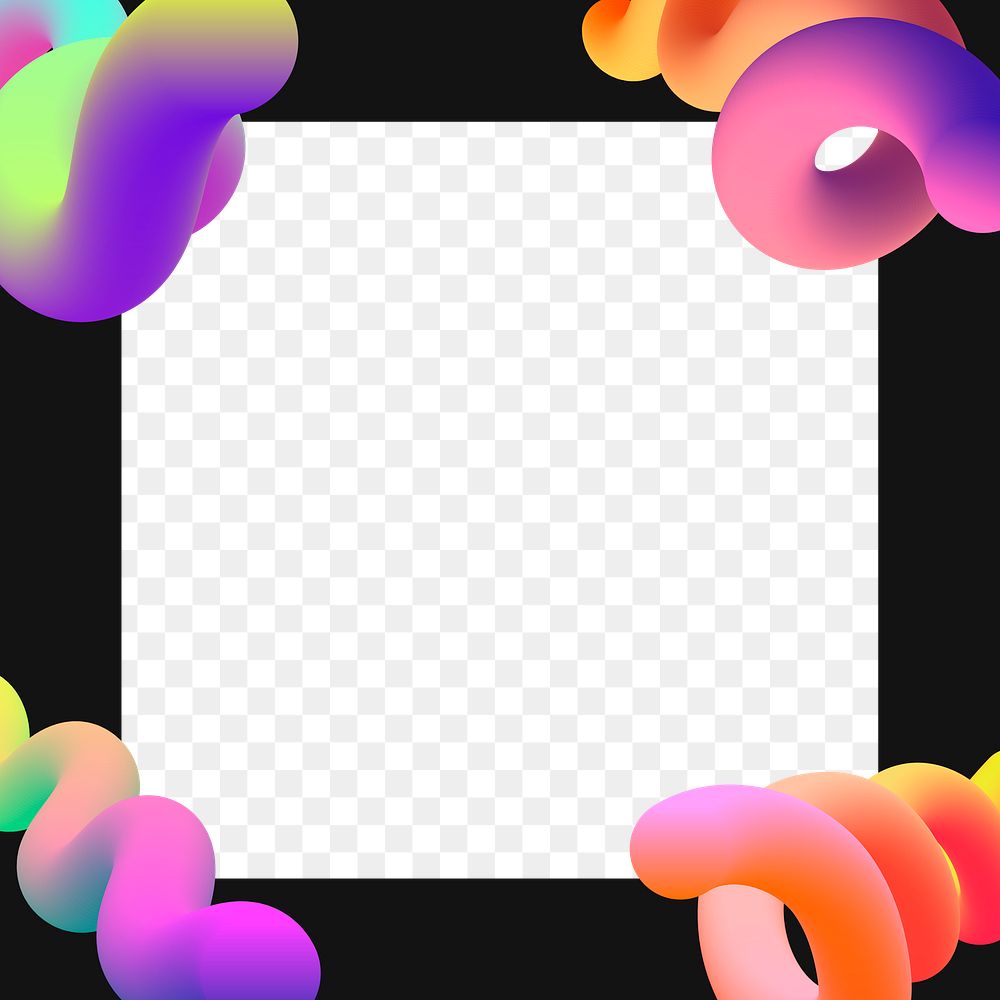 Abstract black png frame, colorful fluid shapes on transparent background
