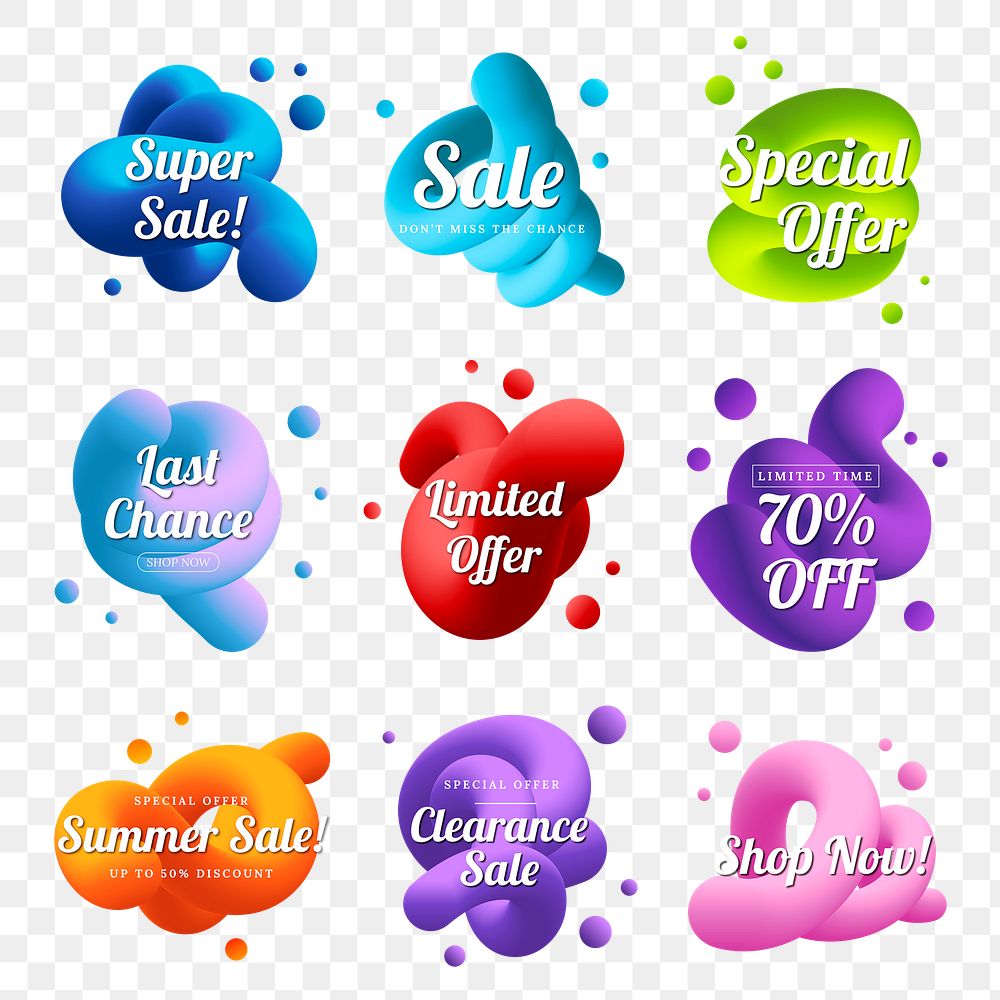 Abstract sale png badge, 3D fluid shape, transparent shopping clipart set