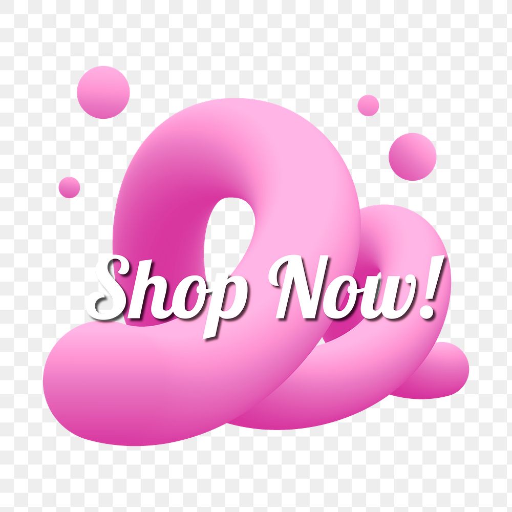 Shop now! png badge, pink 3D abstract, transparent design