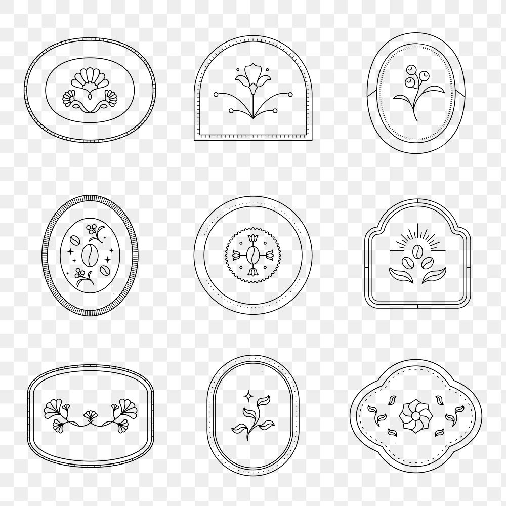 Flower png collage element, modern black badge design, simple illustration set