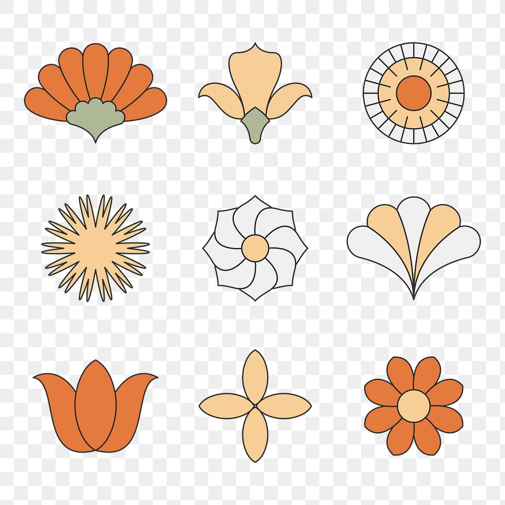 Minimal flower png elements, botanical doodle, retro graphic design set