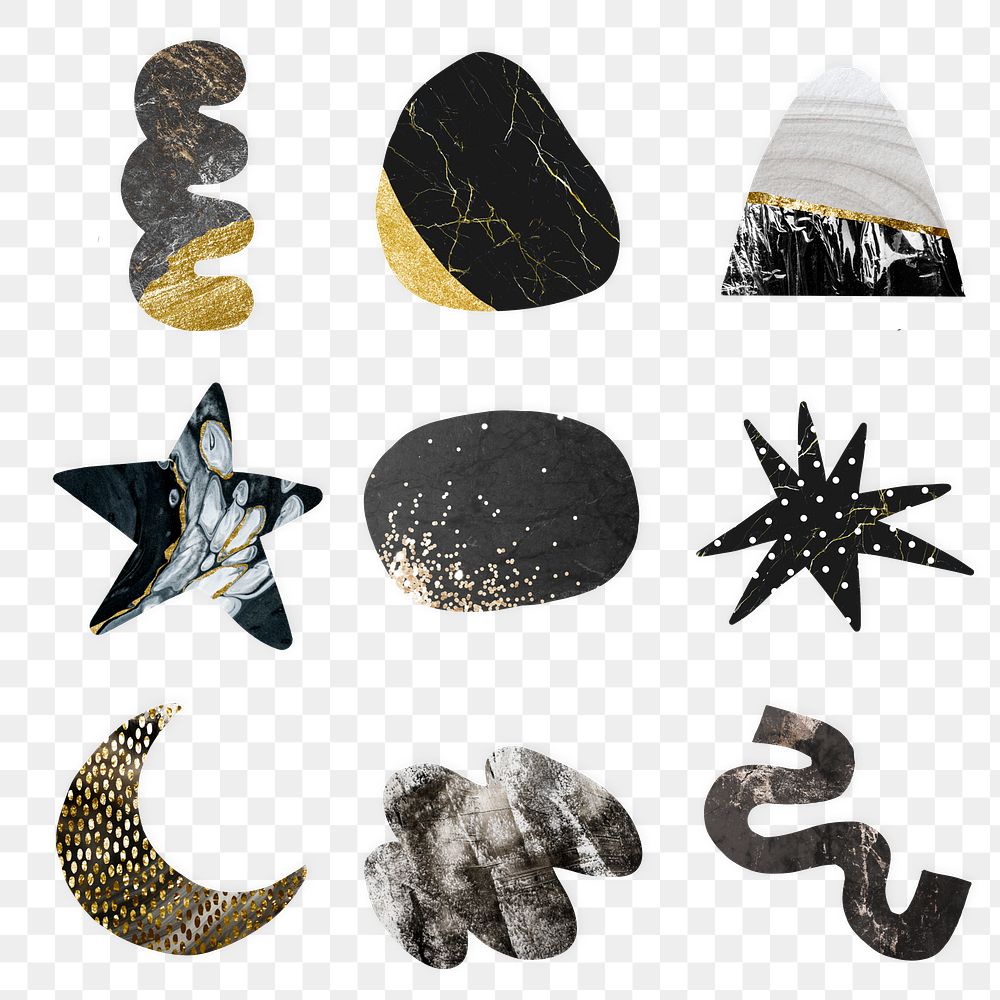 Abstract shape png sticker, black and gold aesthetic design set on transparent background