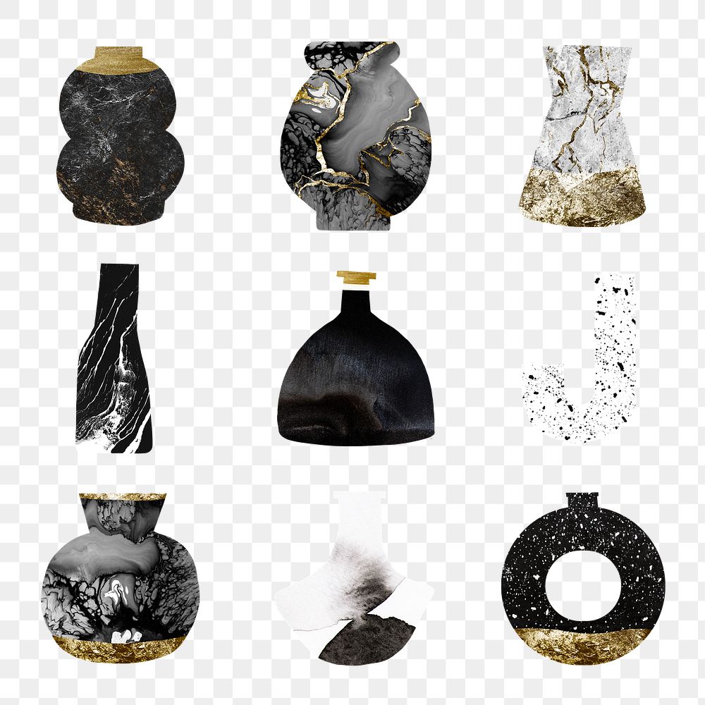 Kintsugi vase png clipart, aesthetic gold pottery, home decor objects set on transparent background