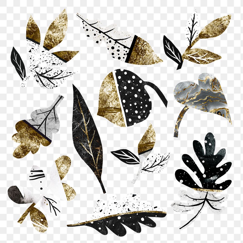 Aesthetic leaf png nature sticker, golden abstract design set on transparent background
