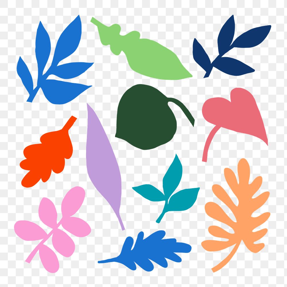 Colorful leaf png clipart, flat botanical graphic set on transparent background
