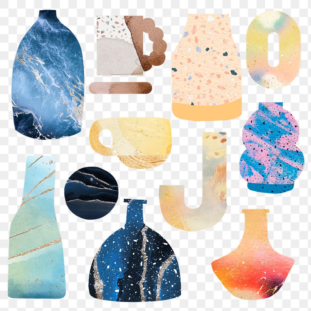 Aesthetic vase png clipart, marble abstract, colorful pottery design set on transparent background