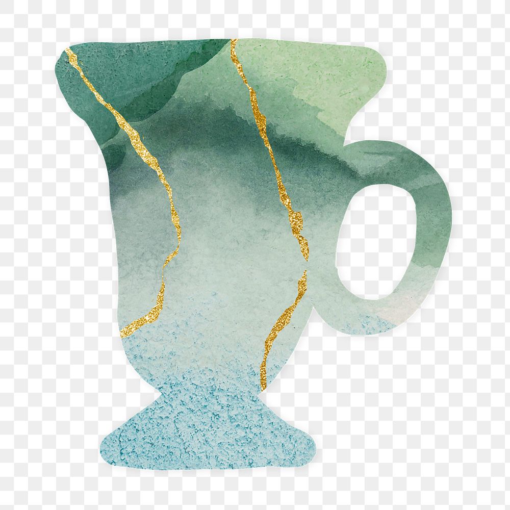 Green hourglass mug png, aesthetic Kintsugi collage element on transparent background