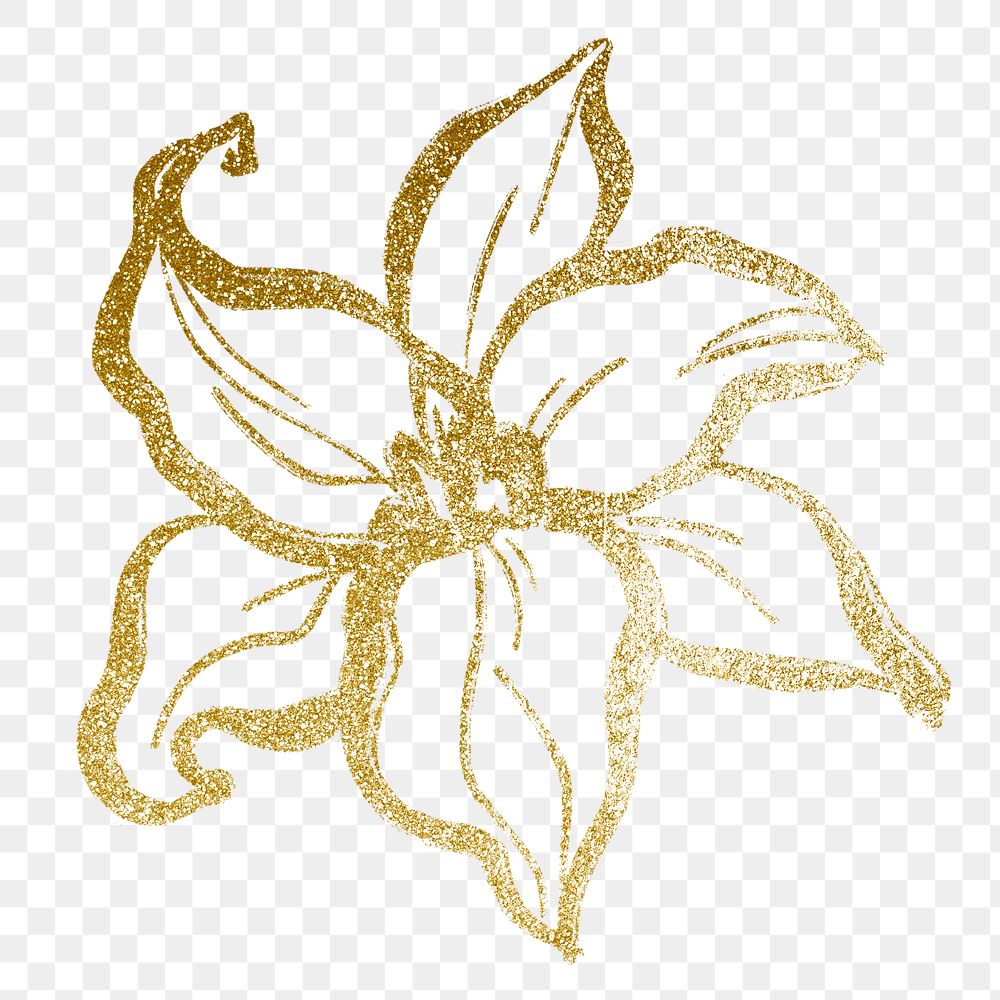 Aesthetic gold lily png sticker, line art graphic design on transparent background
