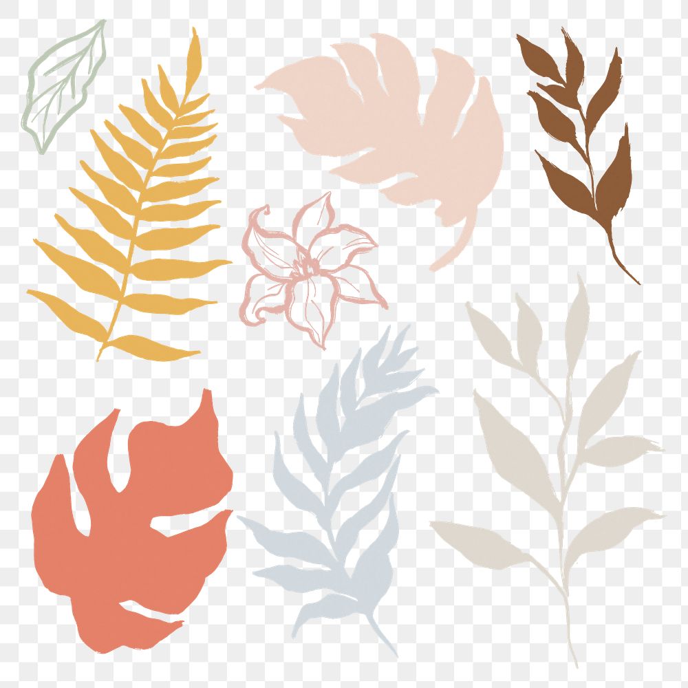 Leaf png line art, simple pastel graphic on transparent background set for bullet journal 