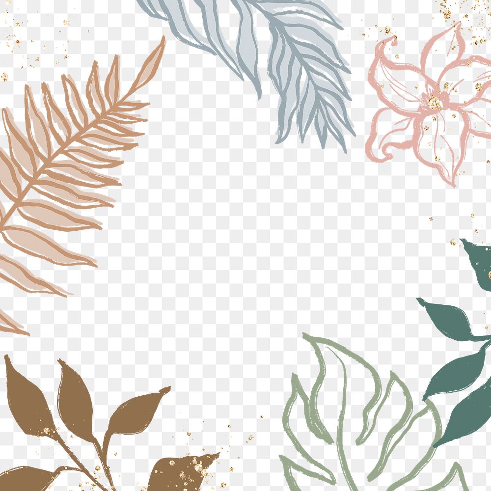 Colorful botanical png border frame, abstract floral and leaves illustration on transparent background