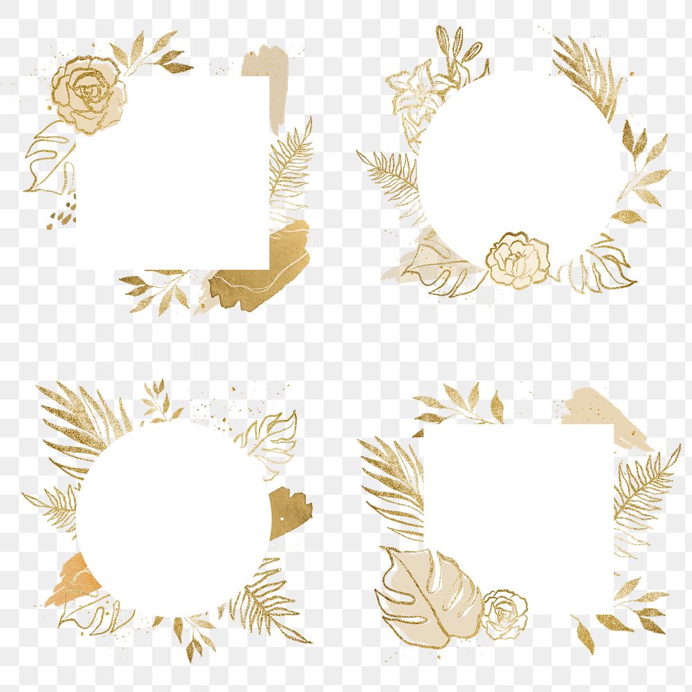 Gold leaf png frame, aesthetic botanical design, simple line drawing badge transparent background set