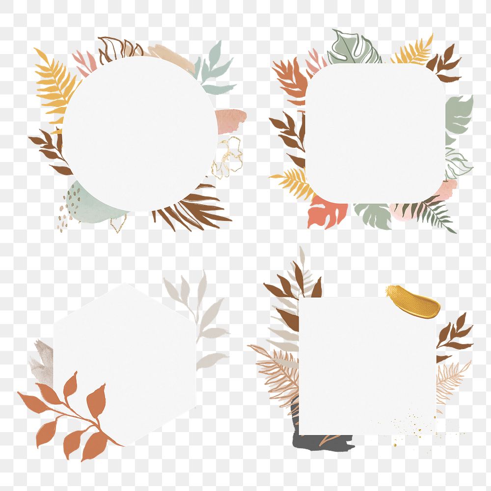 Leaf png badge, minimal pastel botanical illustration, transparent background set