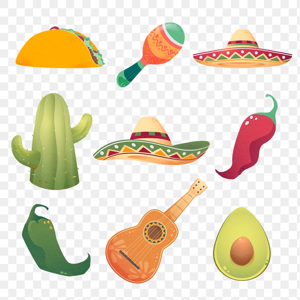 Mexican tradition doodles png stickers, colorful design on transparent background set
