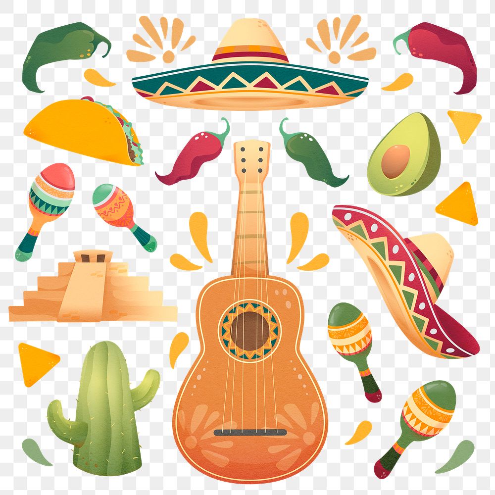Mexican doodles png stickers, colorful design on transparent background set