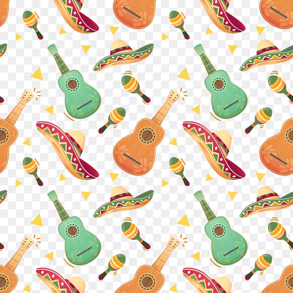 Mexican guitar png seamless pattern on transparent background