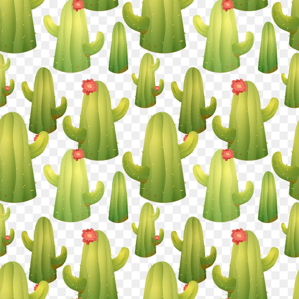 Cactus png seamless pattern, transparent background