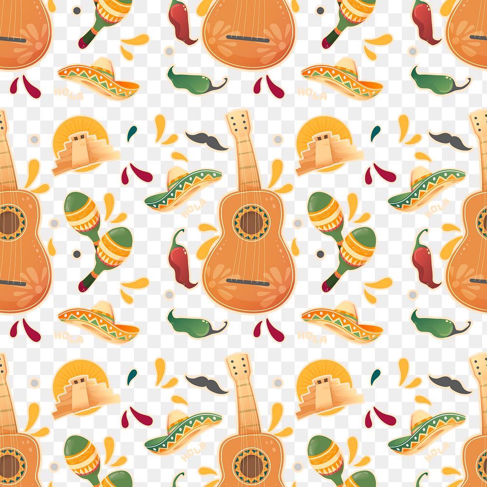 Mexican guitar png seamless pattern on transparent background 