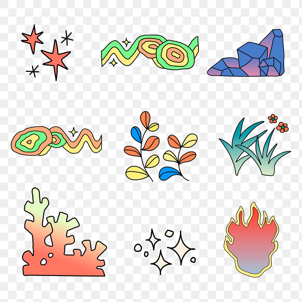 Colorful png nature doodle collage element set, transparent background