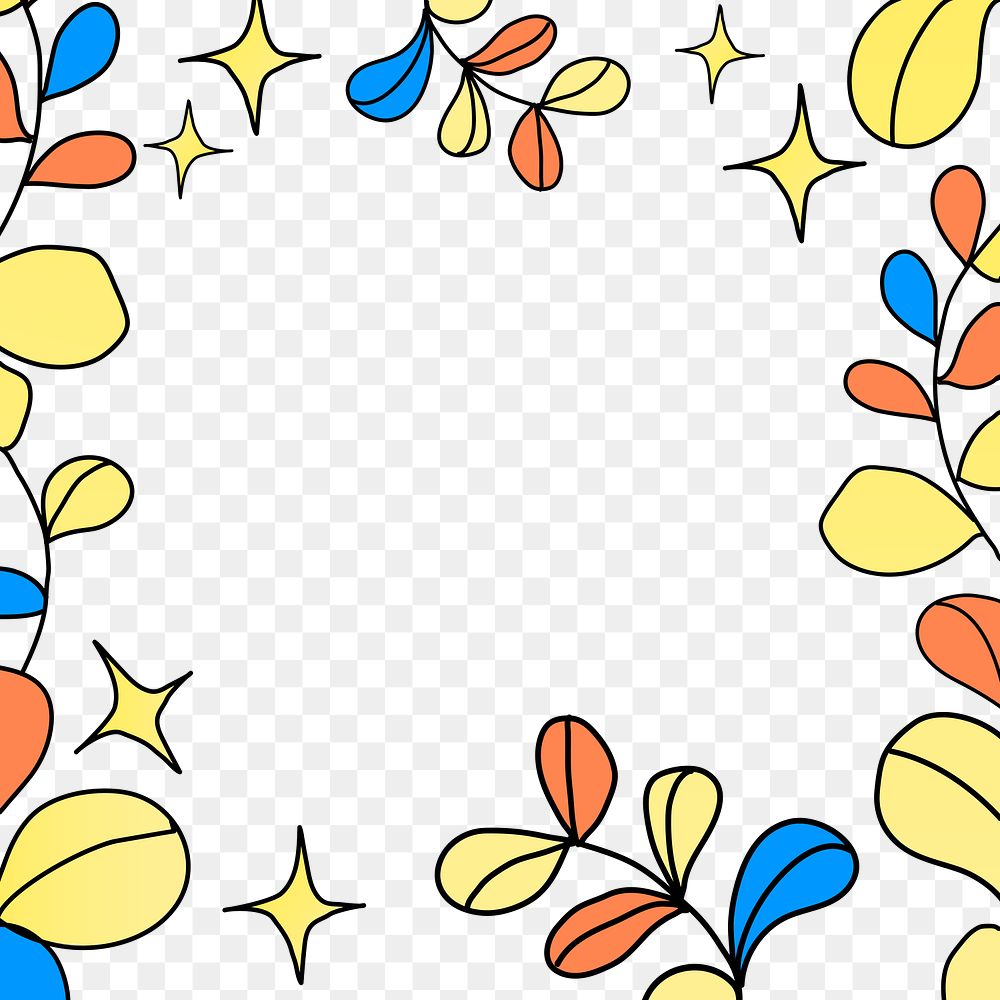 Colorful leaves frame png, doodle design transparent background