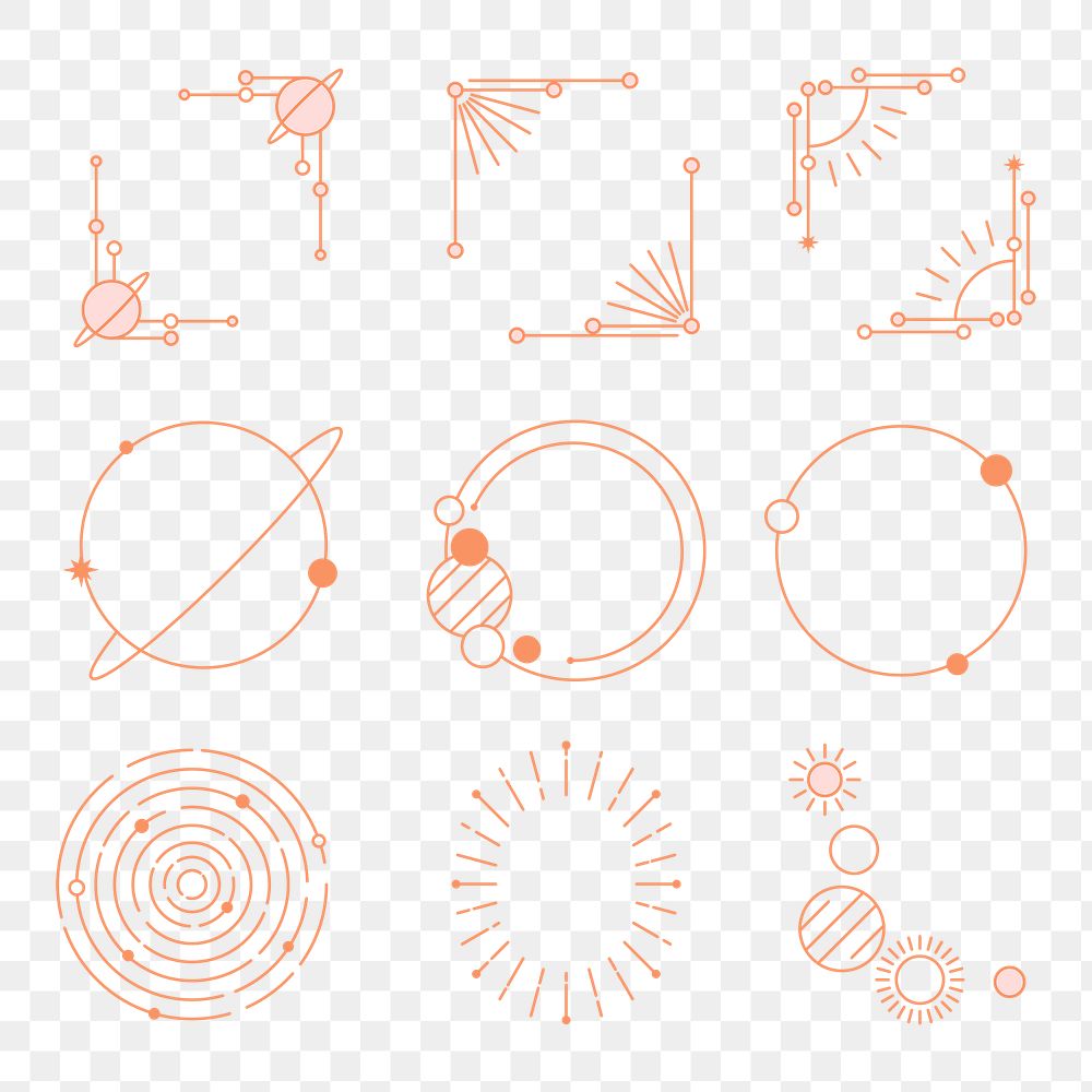 Mystic astronomy png frames set, aesthetic line art style for journal diary, transparent background