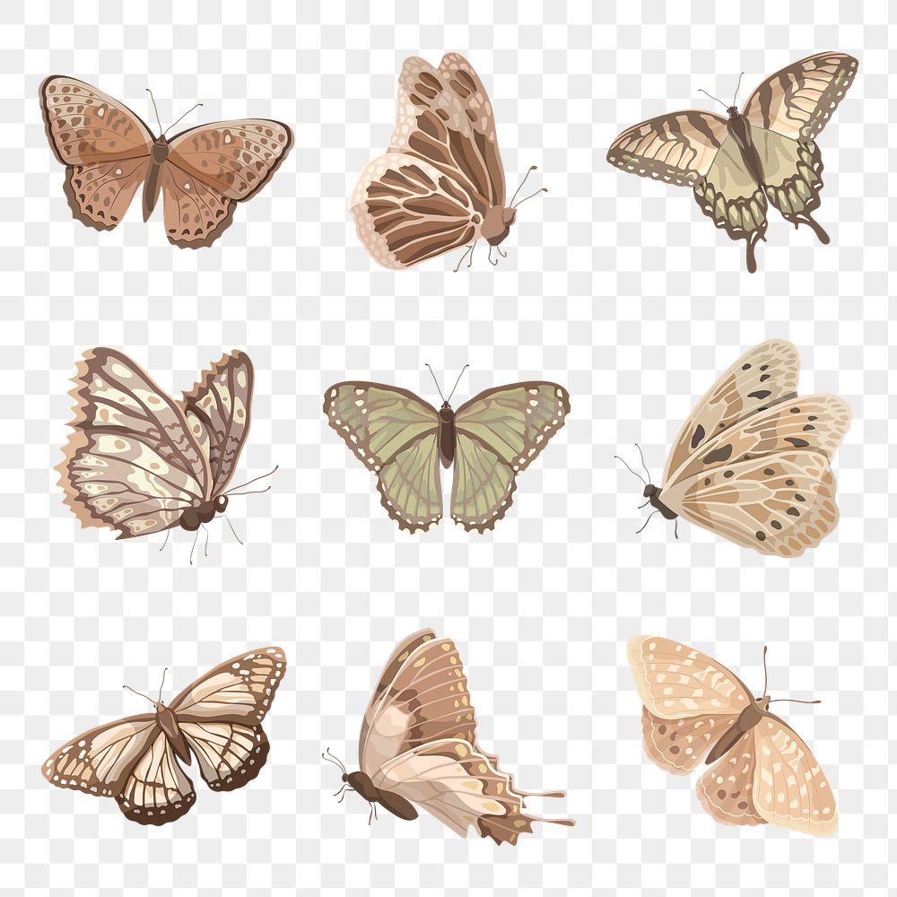 Earth tone butterfly png stickers, watercolor collage element set