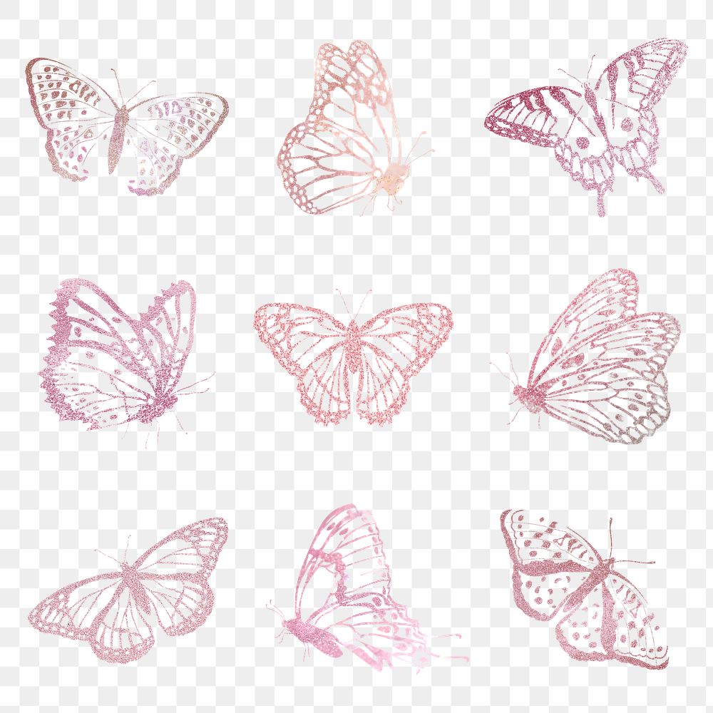 Pink butterfly png stickers, collage element set