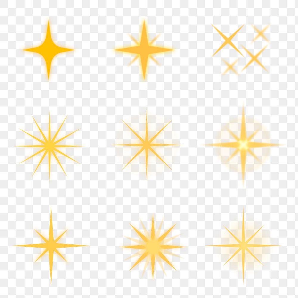 Sparkling star png sticker set, gold flat design graphic on transparent background