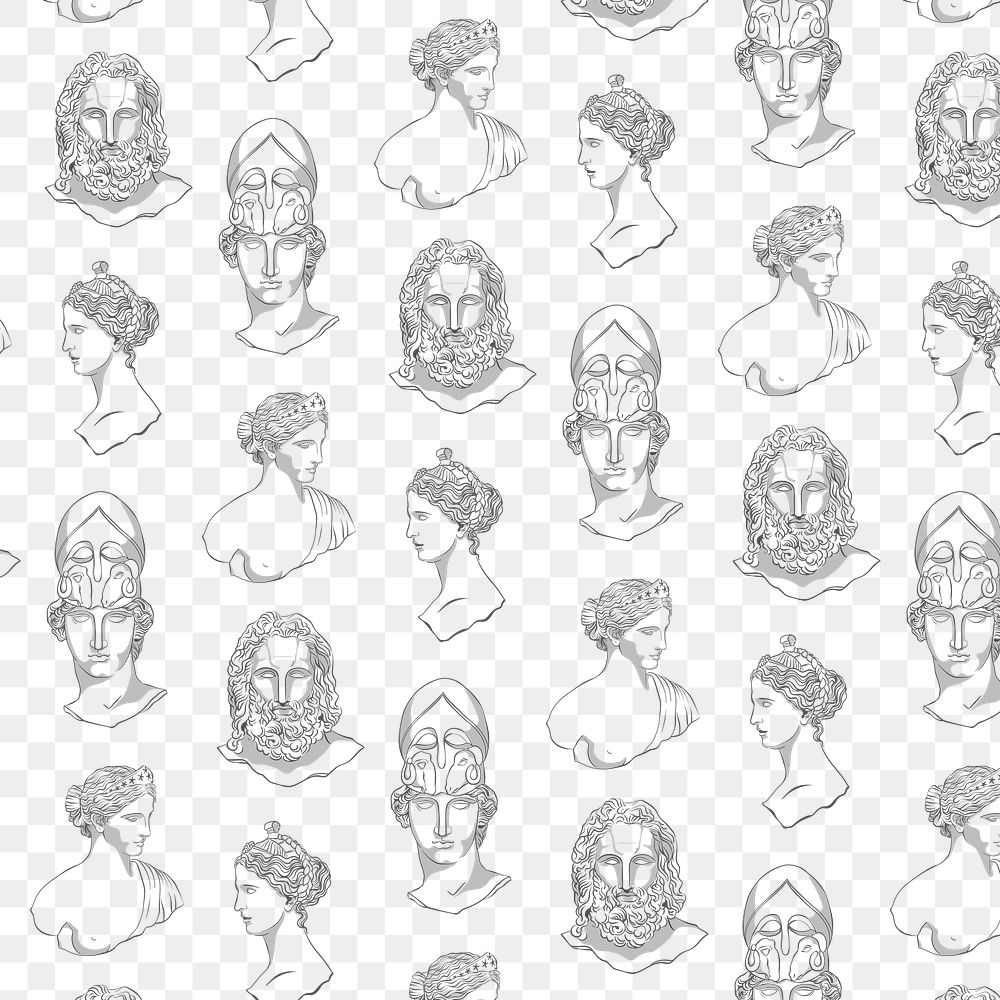 Classical sculpture png pattern background, gods line art design on transparent background