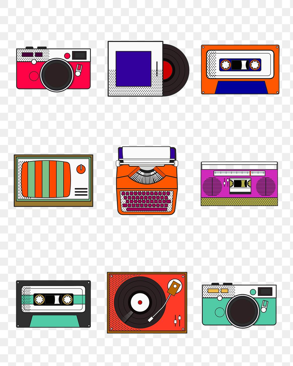 Funky vintage object pop art png sticker set