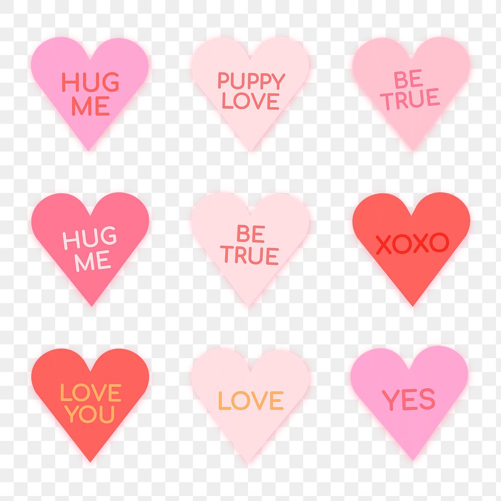 Heart shape stickers png transparent, cute love text set