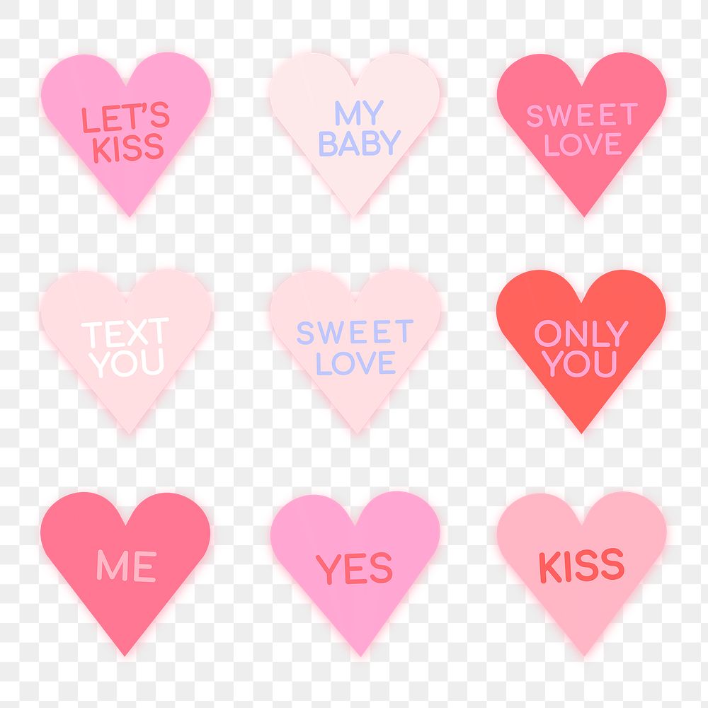 Heart shape stickers png transparent, cute love text set